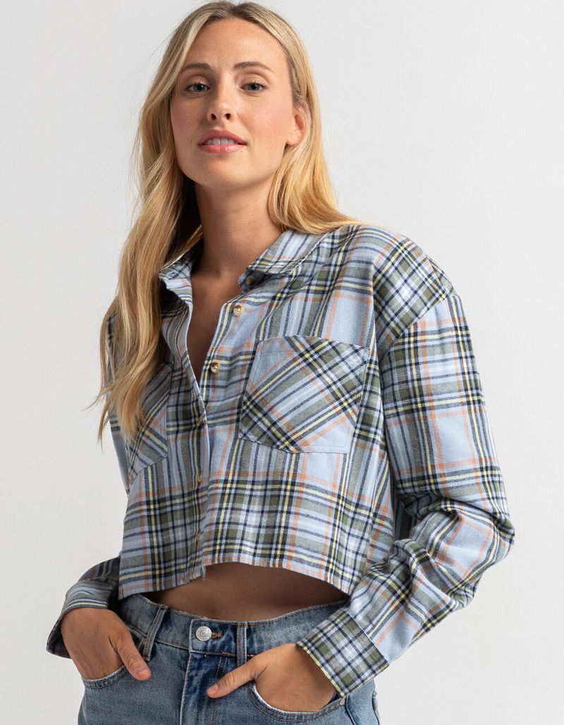 RSQ Womens Jewel Tone Plaid Crop Flannel image number 0