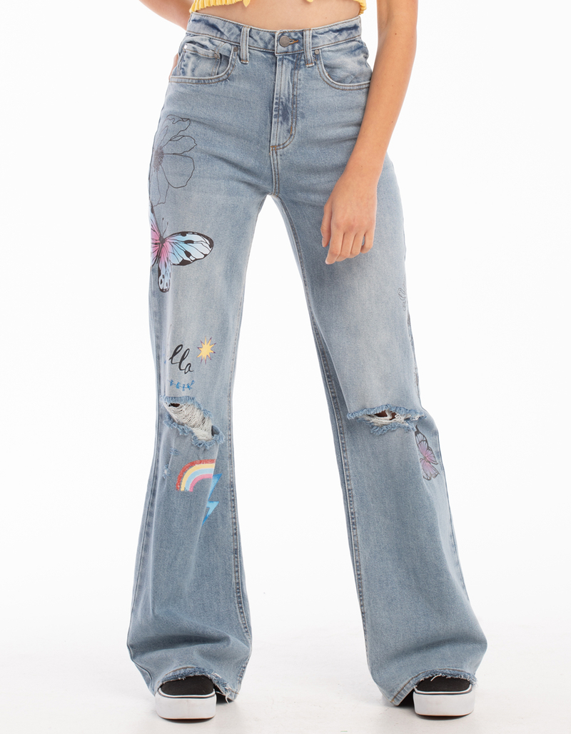 TINSELTOWN High Rise Graphic Wide Leg Jeans image number 2