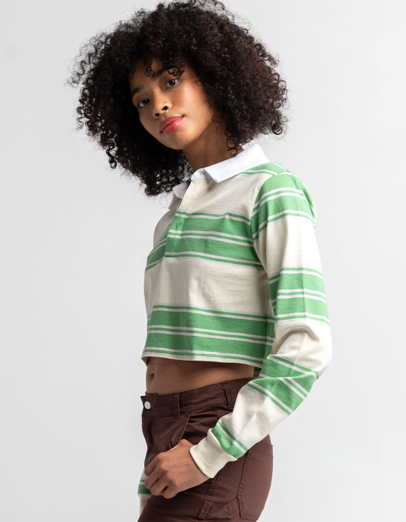 FULL TILT Womens Green White & Gray Stripe Rugby Polo Shirt image number 1