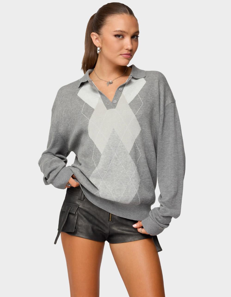 EDIKTED Kati Argyle Oversized Polo Sweater image number 0