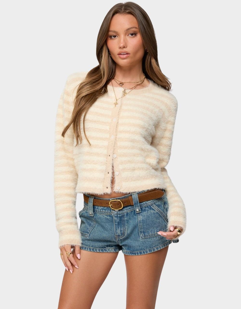EDIKTED Aria Striped Fuzzy Knit Cardigan image number 0