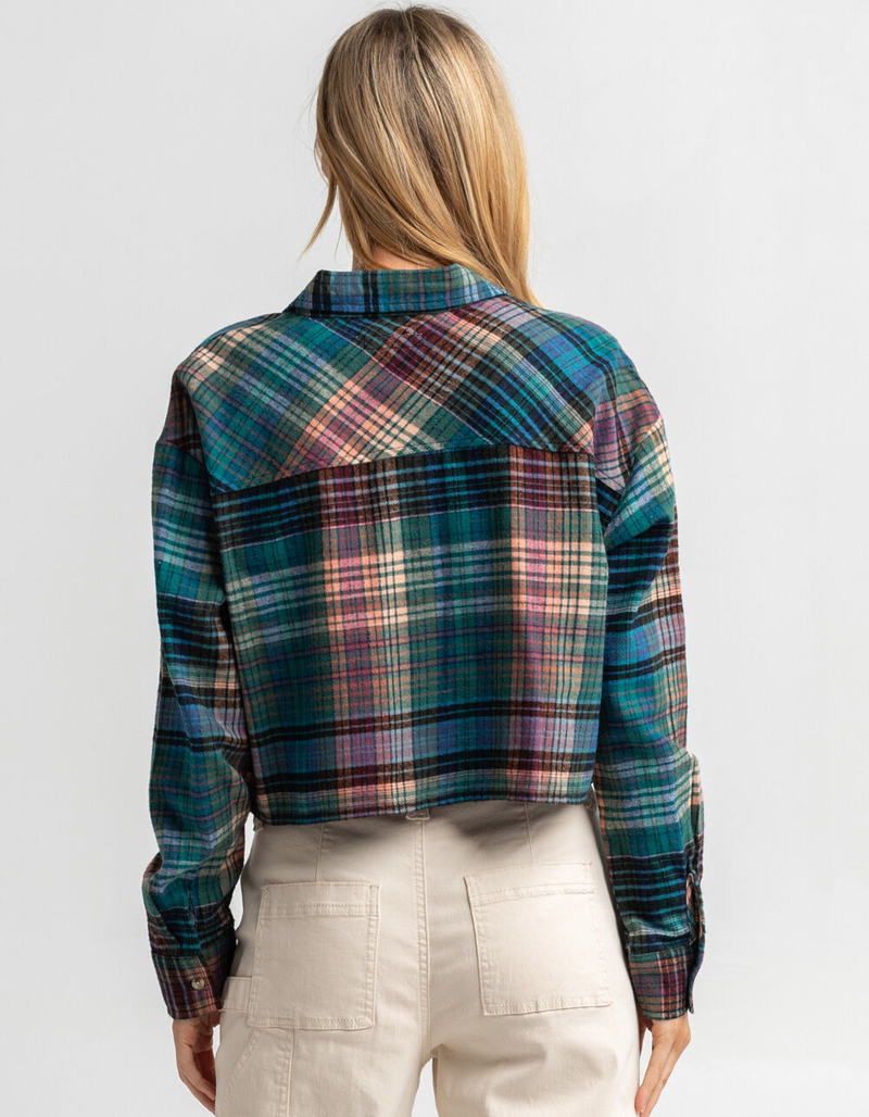 RSQ Womens Jewel Tone Plaid Crop Flannel image number 2