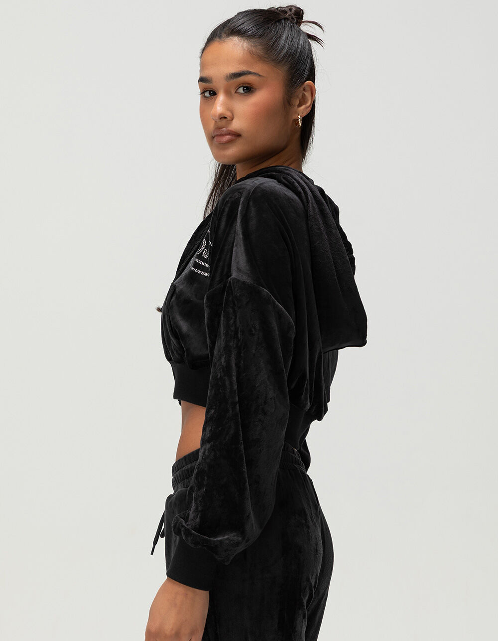 VON DUTCH Crushed Velour Womens Crop Zip-Up Hoodie - BLACK | Tillys