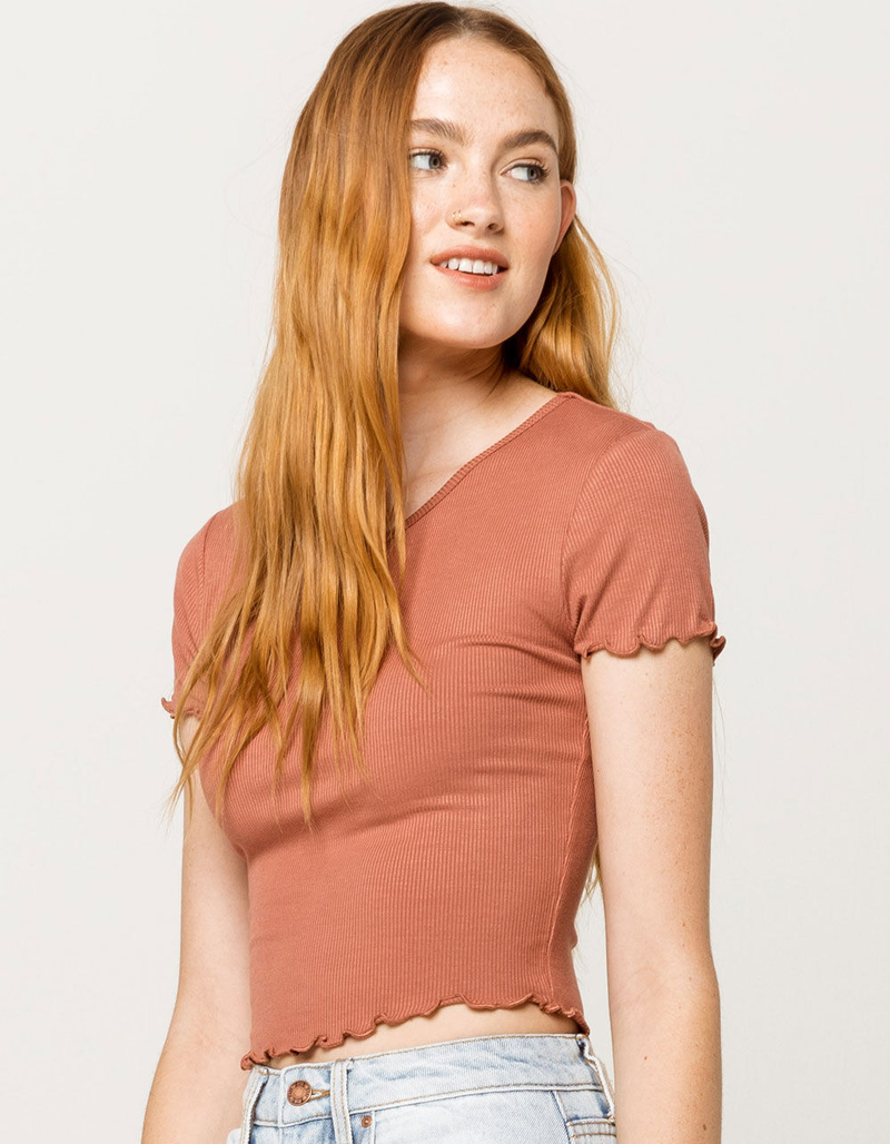 BOZZOLO Ribbed Lettuce Edge Rust Womens Crop Tee image number 0