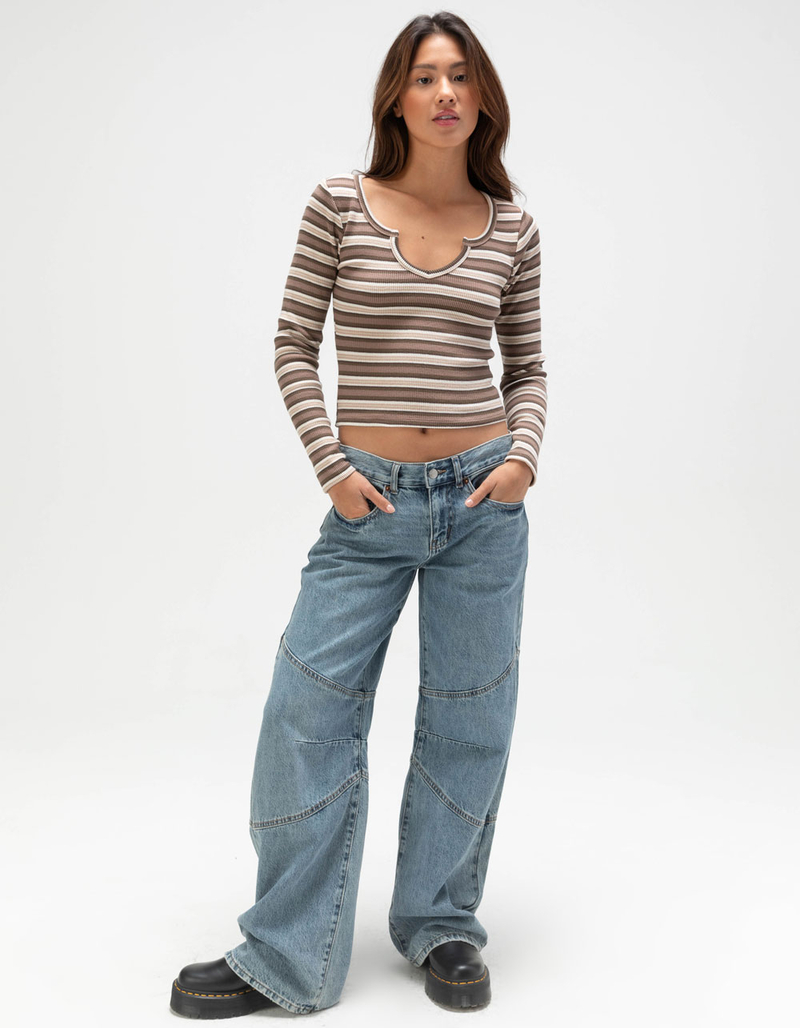 FULL TILT Notch Neck Stripe Womens Long Sleeve Rib Top image number 1