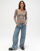 FULL TILT Notch Neck Stripe Womens Long Sleeve Rib Top image number 2