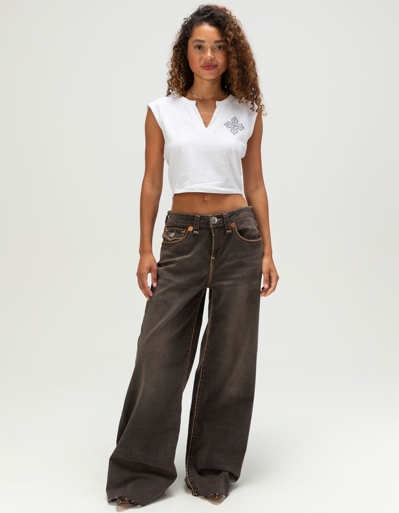 TRUE RELIGION Crystal Logo Crest Womens Notch Crop Baby Tee image number 3