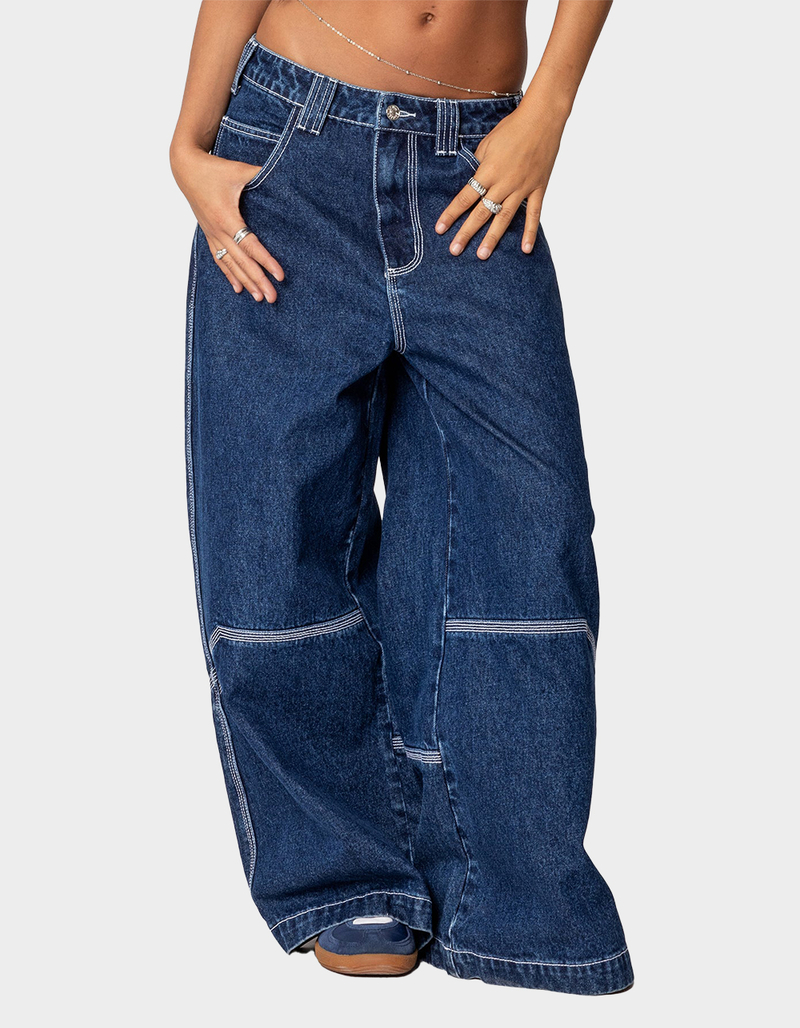 EDIKTED Super Wide Contrast Stitch Low Rise Jeans DARK BLUE Tillys
