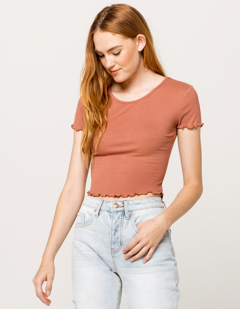 BOZZOLO Ribbed Lettuce Edge Rust Womens Crop Tee image number 1