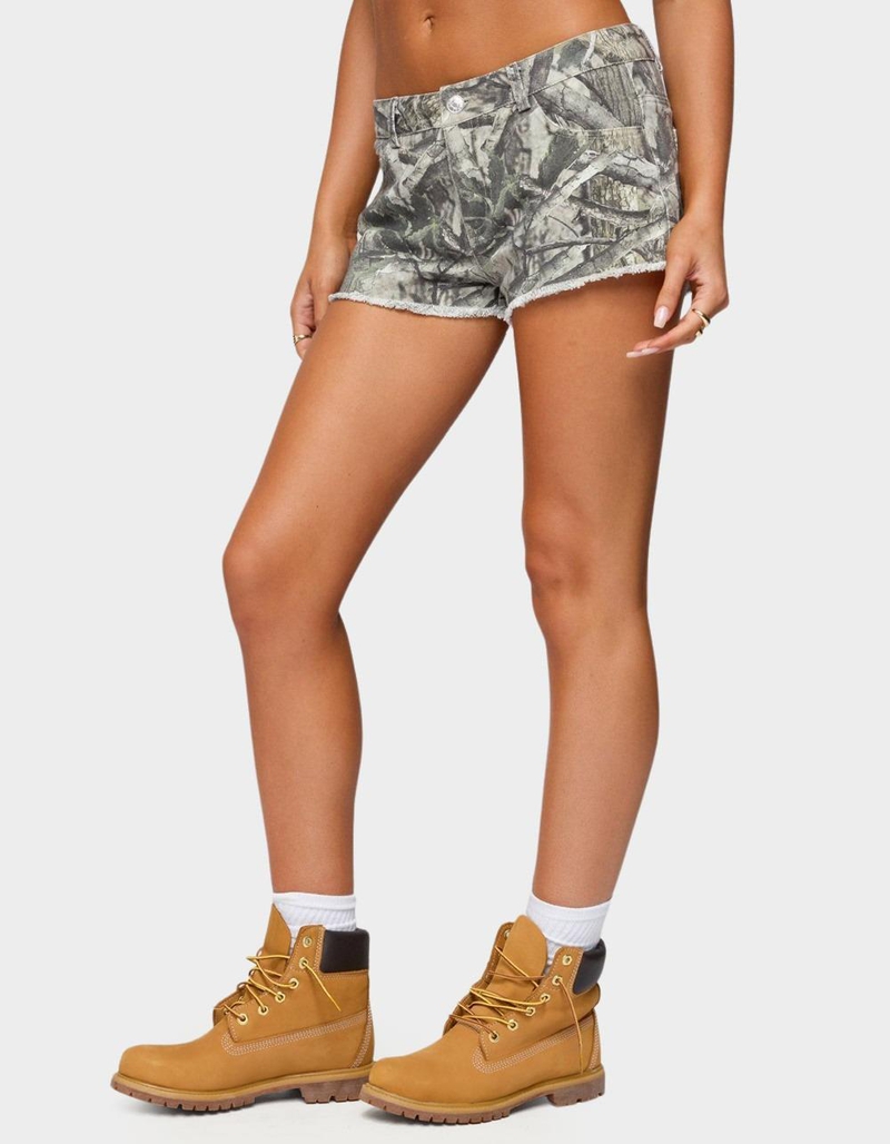 EDIKTED Joyce Camo Low Rise Denim Shorts image number 1