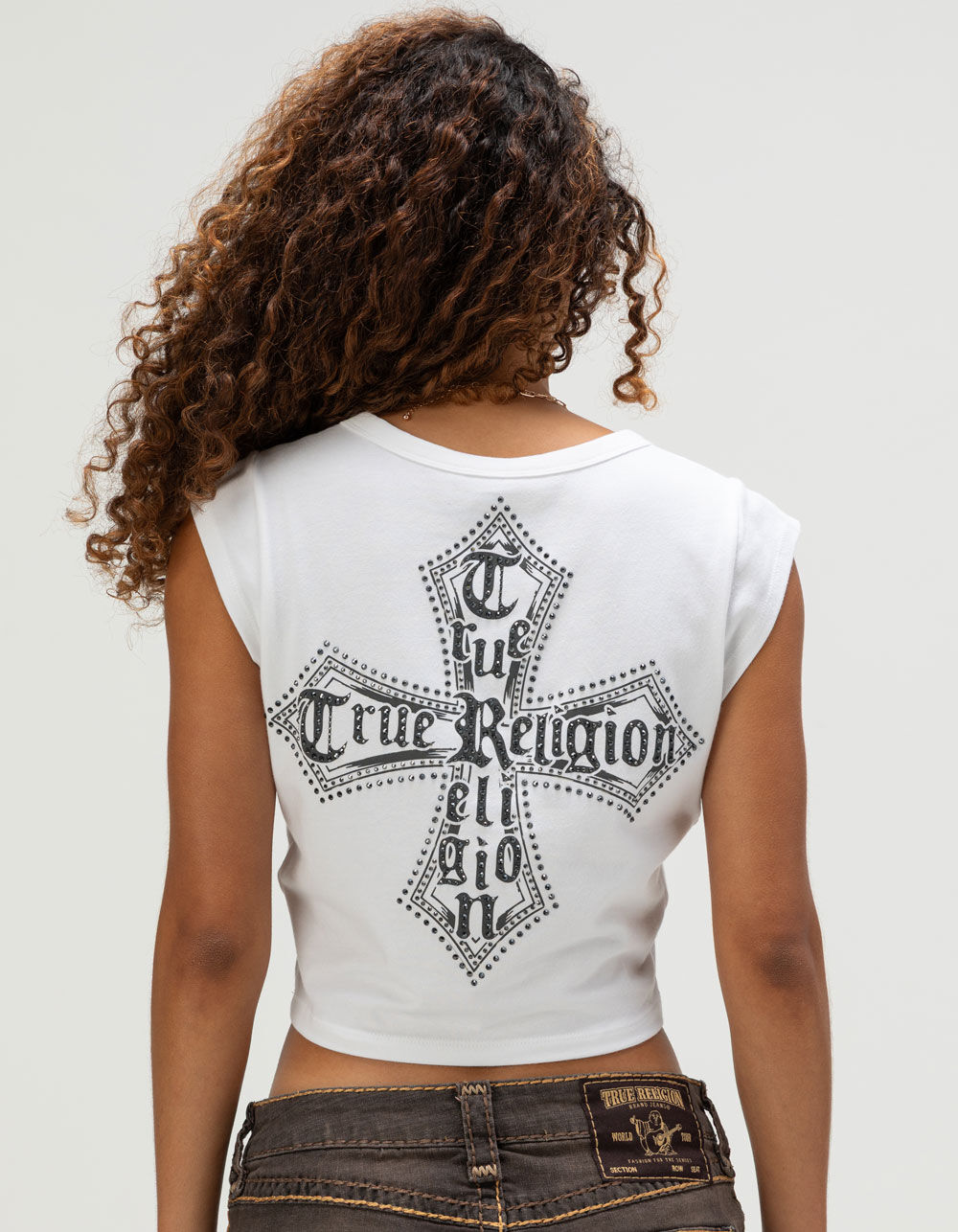 TRUE RELIGION Crystal Logo Crest Womens Notch Crop Baby Tee