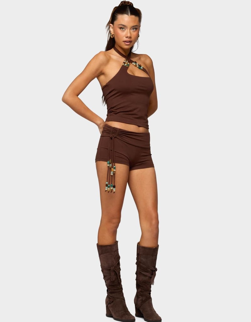 EDIKTED Thia Ruched Bead Foldover Shorts image number 3