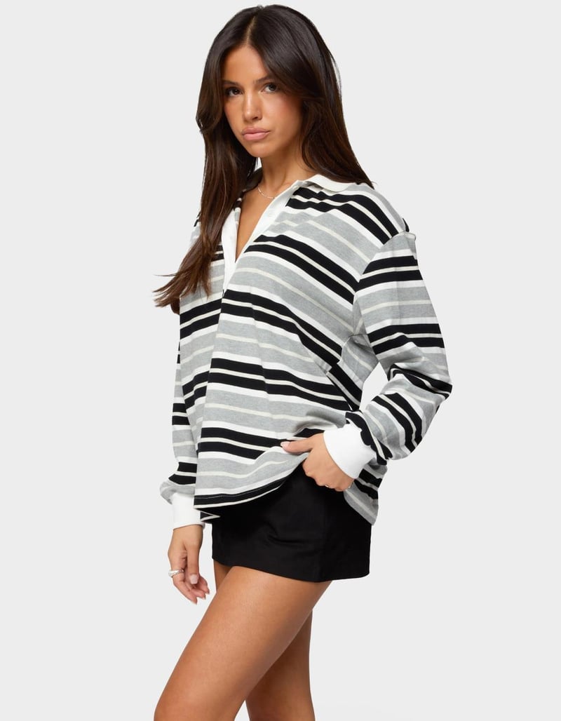 EDIKTED Renya Striped Long Sleeve Polo Top image number 1