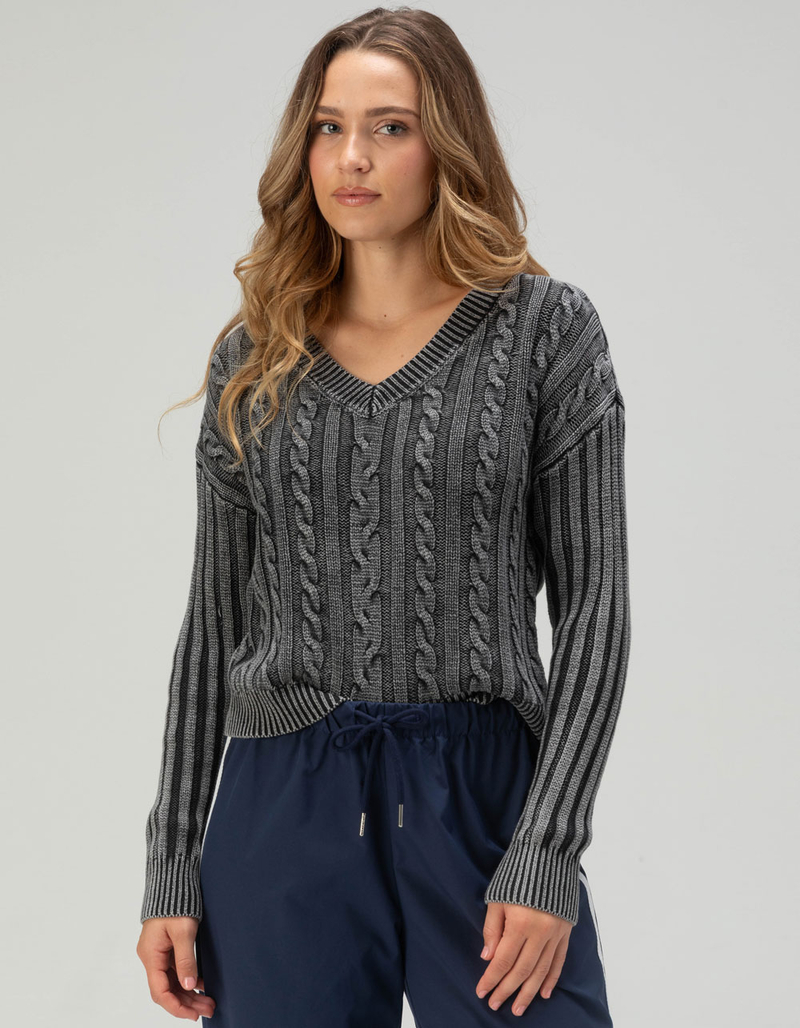RSQ Womens Washed Cable Knit V-Neck Sweater image number 0