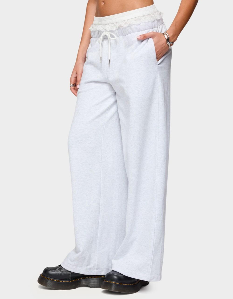 EDIKTED Tamia Peekaboo Ruffle Lace Sweatpants image number 1