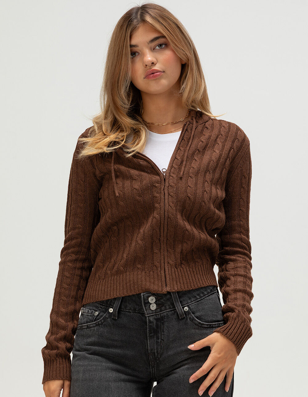 イレーヴ ブラウン ジップアップニット LOVE TREE Womens Zip-Up Hooded Cable Knit Sweater - BROWN | Tillys