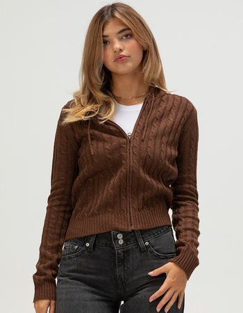 LOVE TREE Womens Zip-Up Hooded Cable Knit Sweater Primary Image