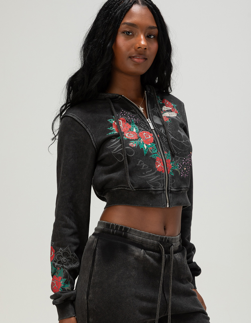 MISS ME Tattoo Womens Crop Zip-Up Rhinestone Hoodie image number 3