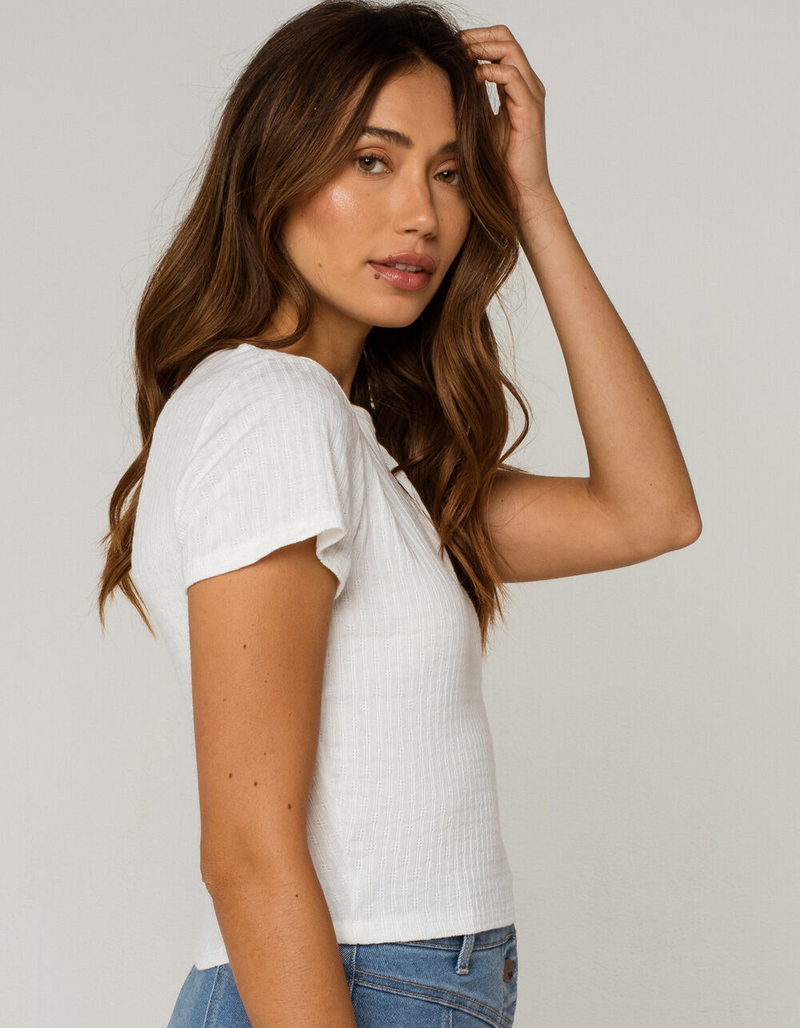 HEART & HIPS Pointelle Womens White Baby Tee image number 1