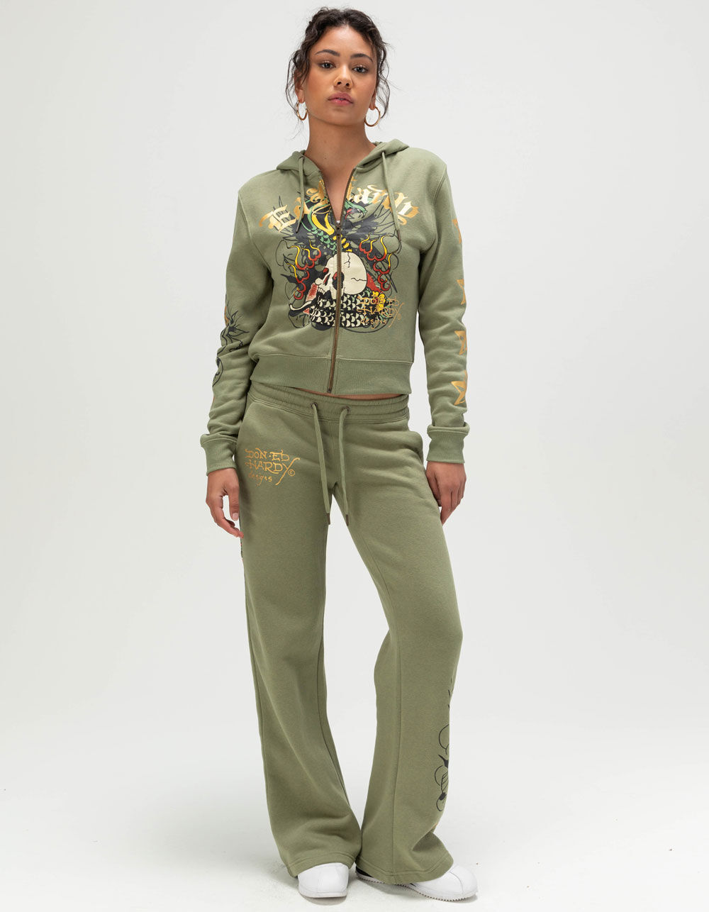 ED HARDY Cobra Flame Womens Zip-Up Hoodie - OLIVE - XL | Tillys