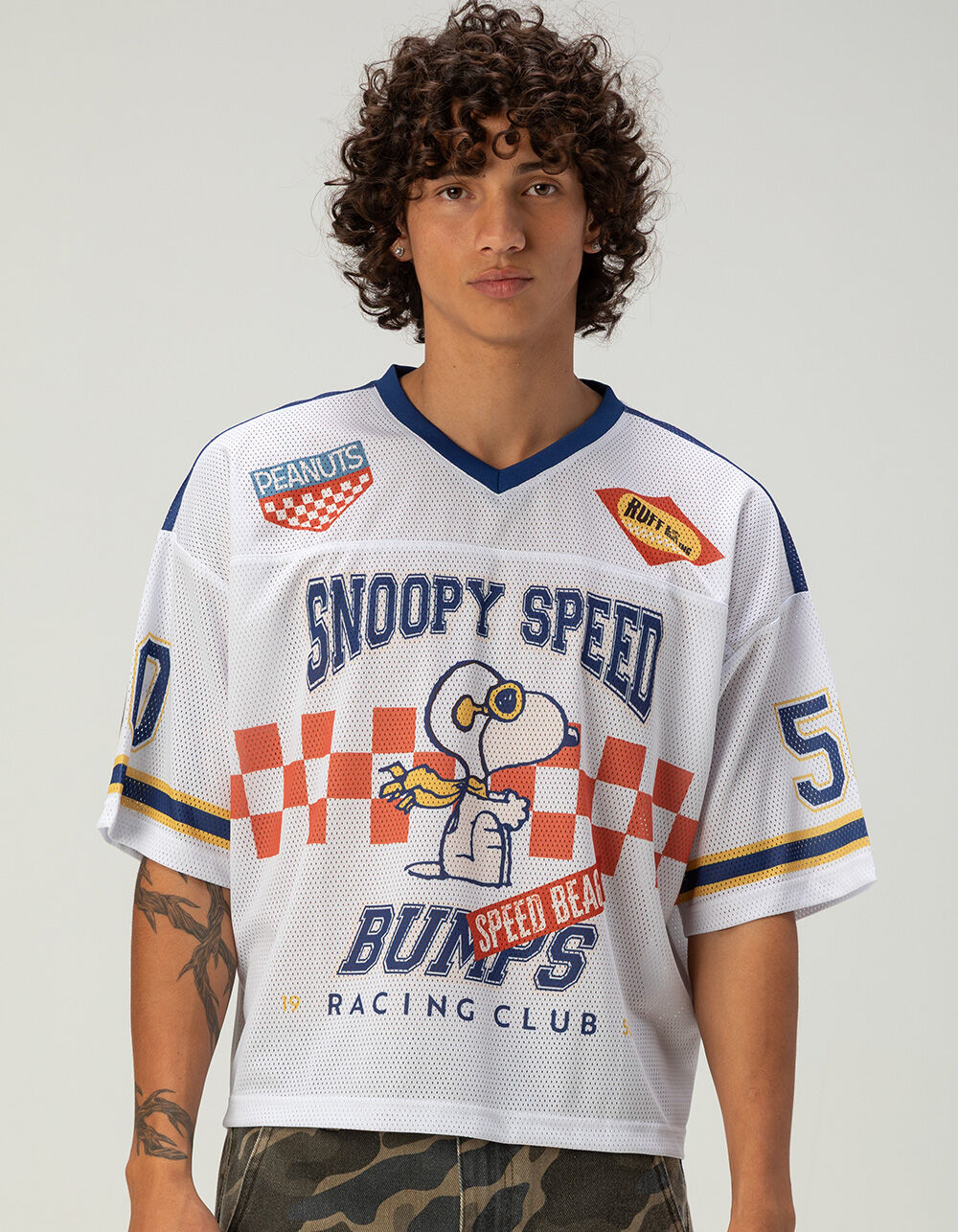 RSQ x Peanuts Mens Baggy Crop Mesh Racing Jersey - WHITE | Tillys