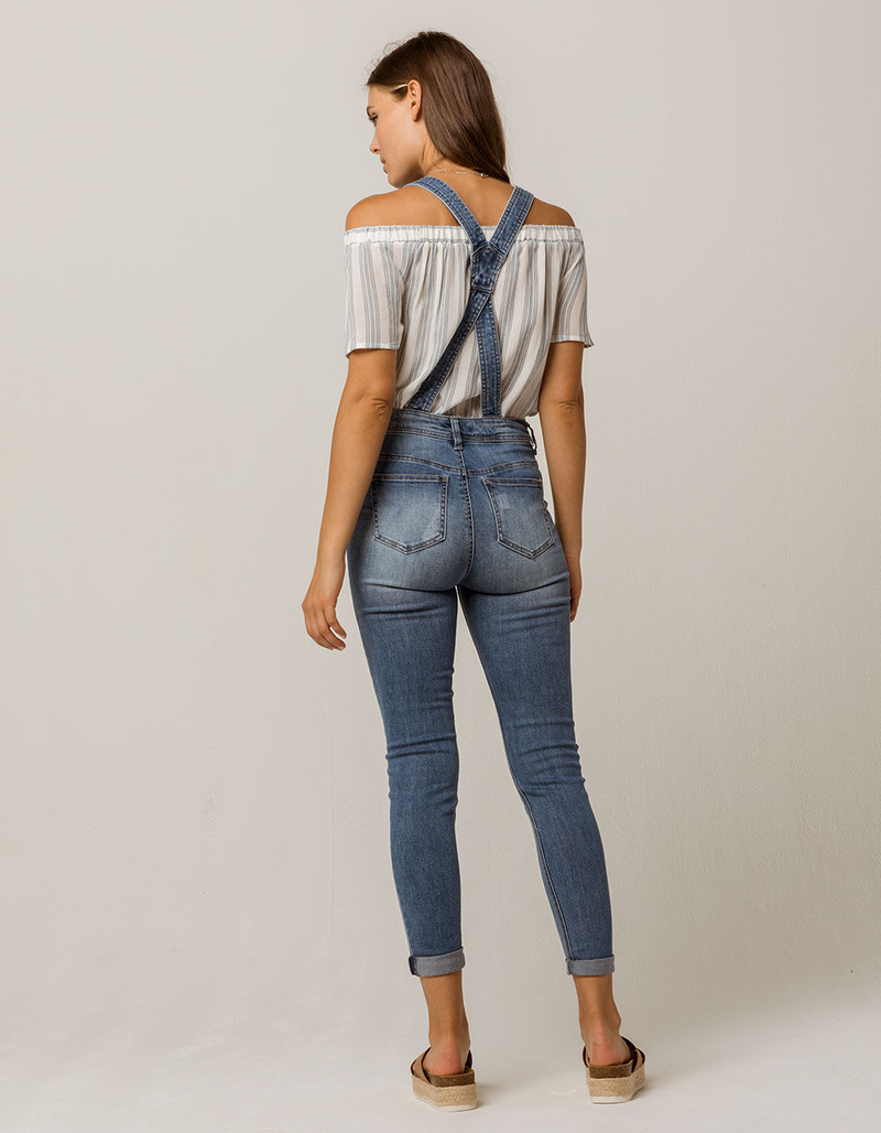 SKY AND SPARROW Skinny Button Front Womens Ripped Overalls image number 2