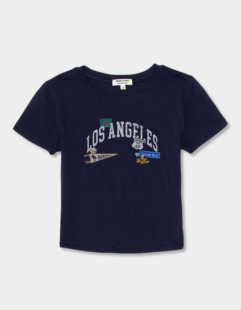 LOS ANGELES Landmark Stickers Distressed Womens Baby Tee image number 0