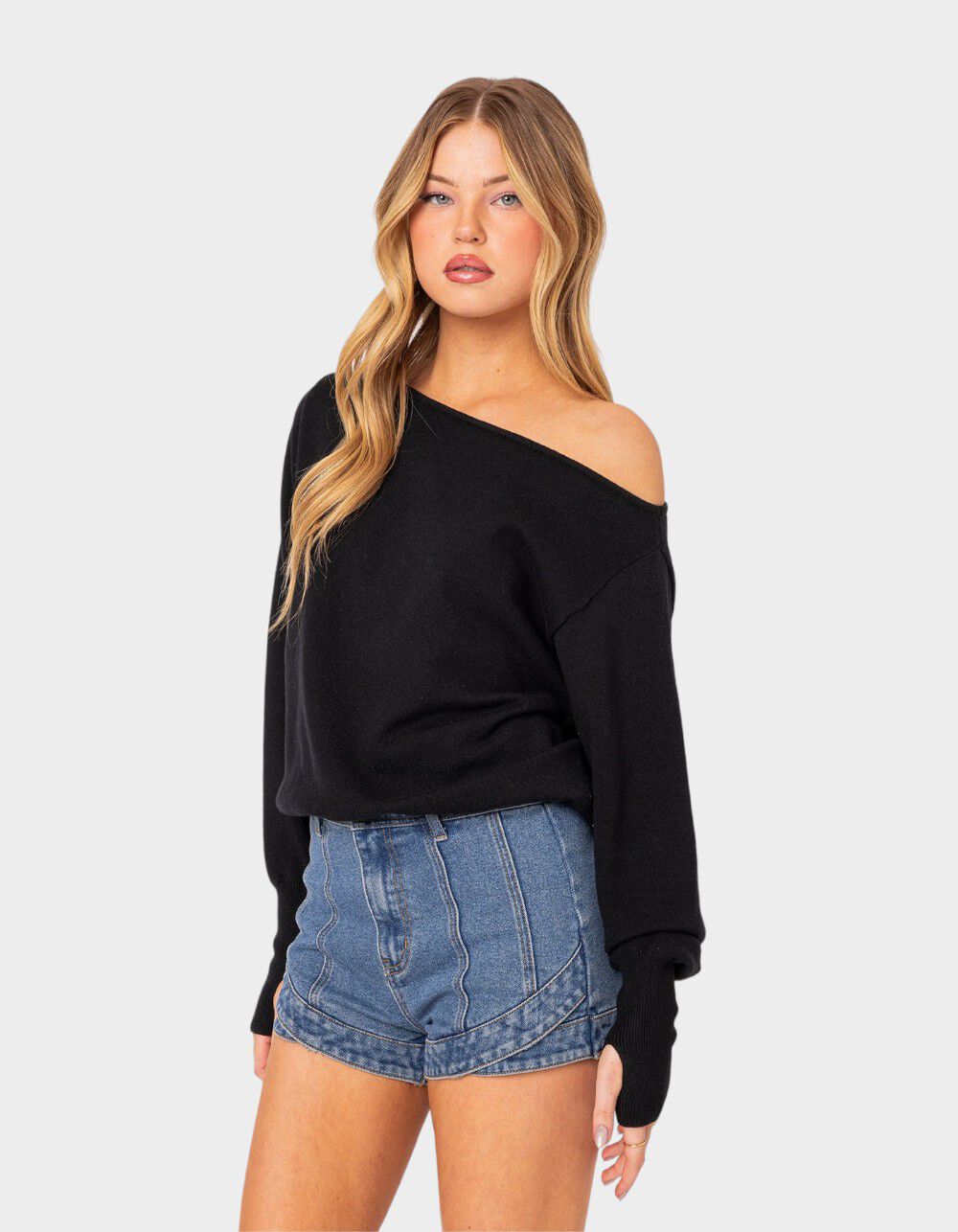 mamodayo Sweat likeルーズニットプルオーバー ブラック EDIKTED Off Shoulder Oversized Sweater - BLACK - S | Tillys