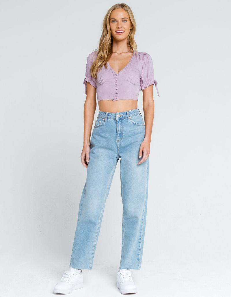 SKY AND SPARROW Ruffle Button Swiss Dot Womens Lavender Top image number 3