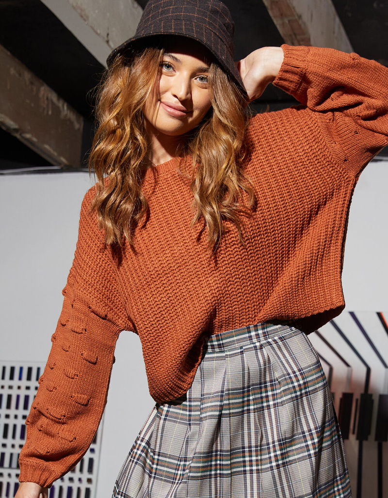FULL TILT Pom Detail Balloon Sleeve Womens Rust Sweater image number 0