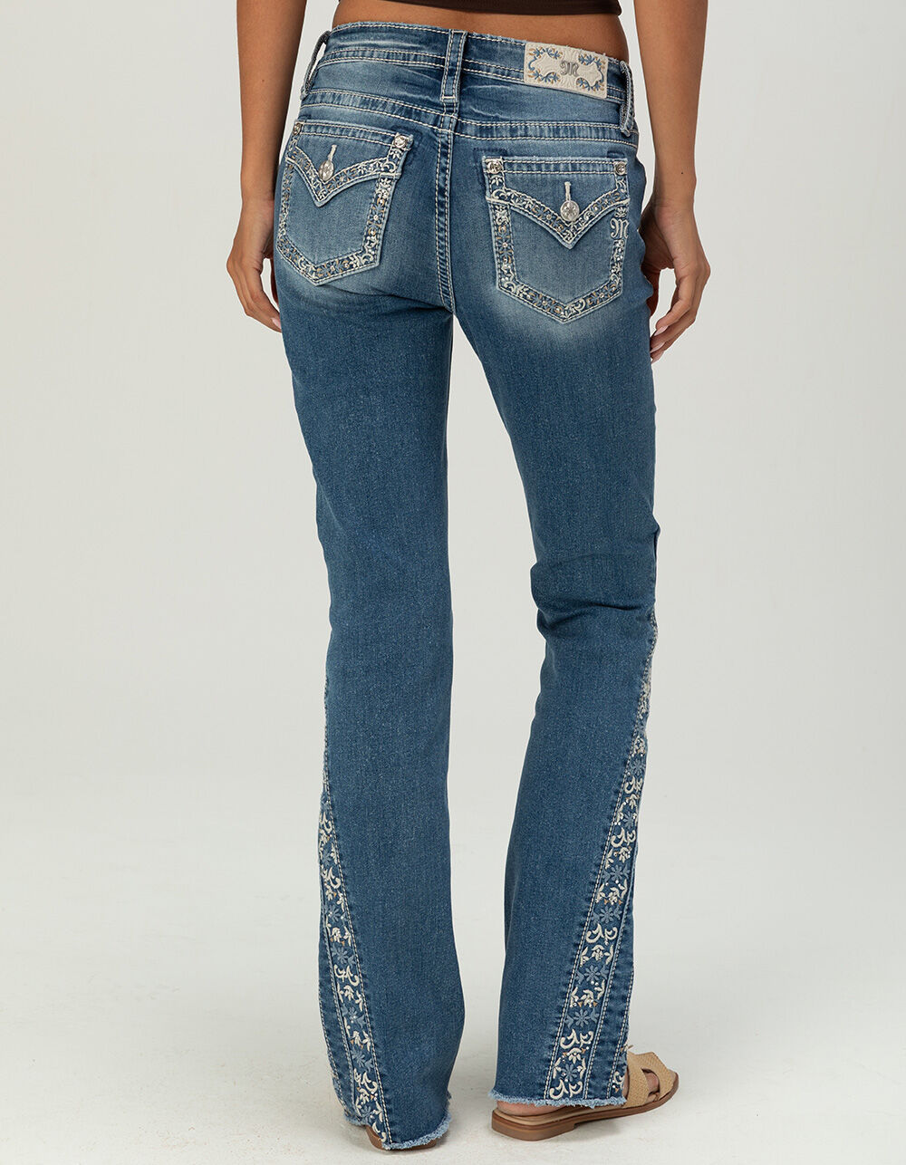 MISS ME Border Pocket Womens Mid Rise Bootcut Jeans - MEDIUM WASH