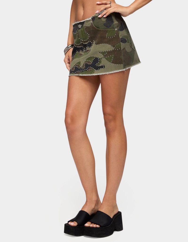 EDIKTED Nadyah Studded Camo Denim Mini Skirt image number 1