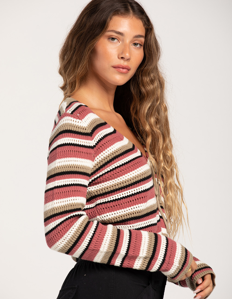FULL TILT Stripe Open Knit Tie Front Womens Top image number 1