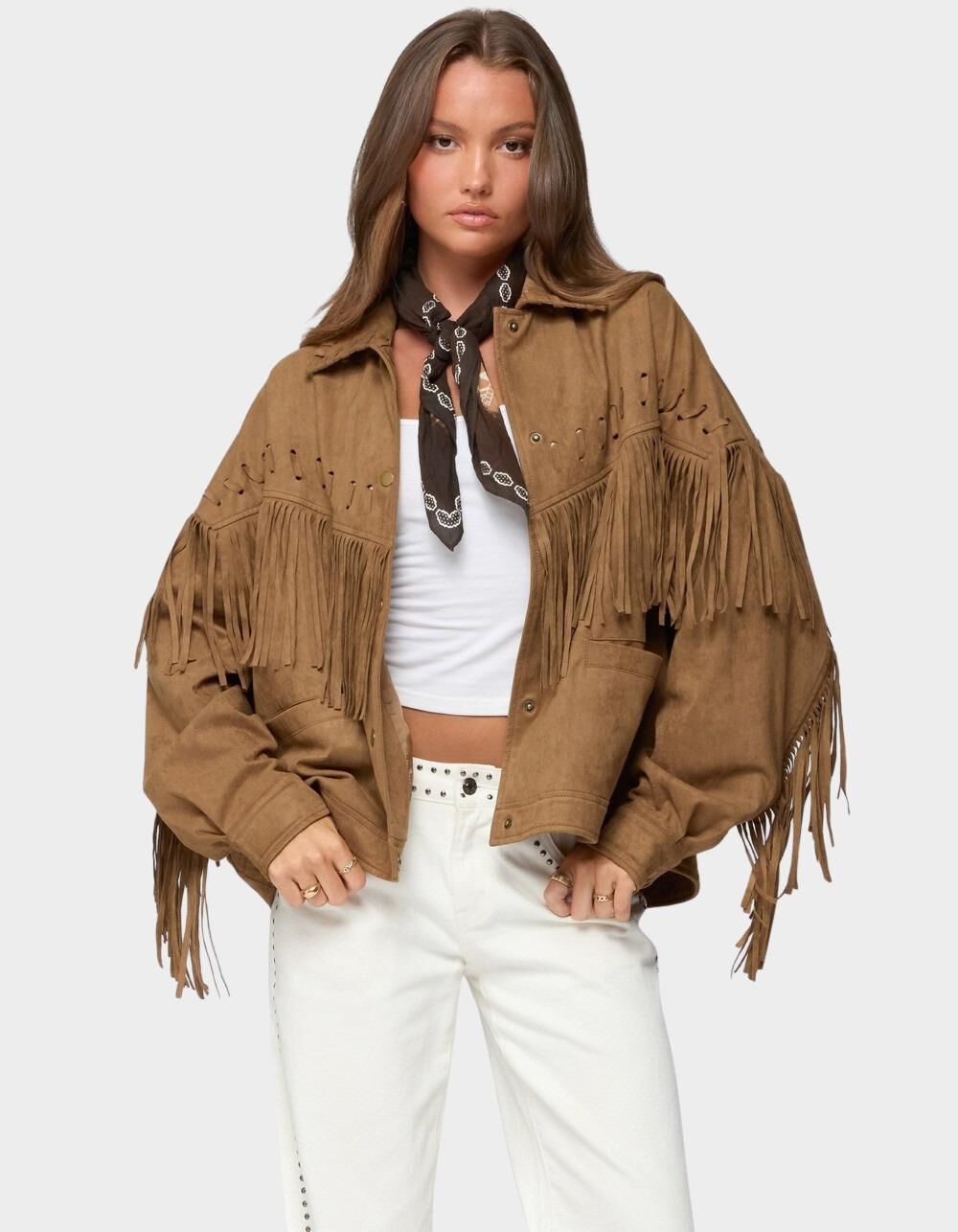 EDIKTED Evonka Fringe Faux Suede Jacket - BROWN | Tillys
