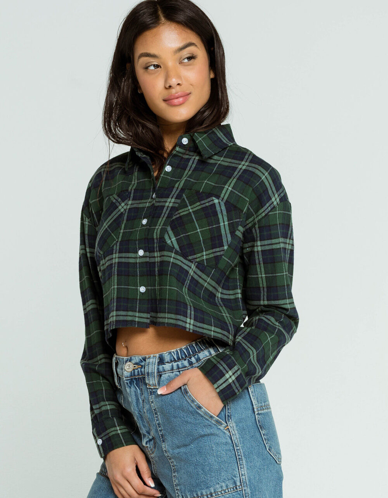 RSQ Womens Blue & Green Crop Flannel Shirt image number 1