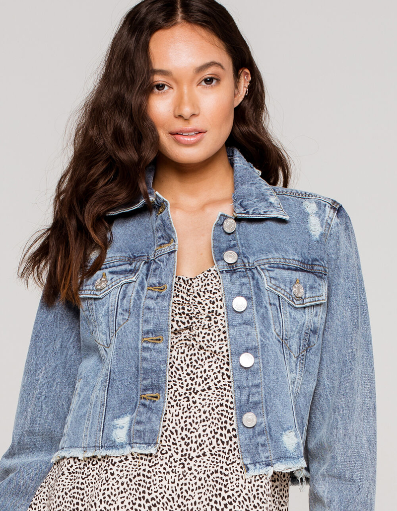 HIGHWAY Destroyed Fray Womens Cropped Denim Jacket image number 0