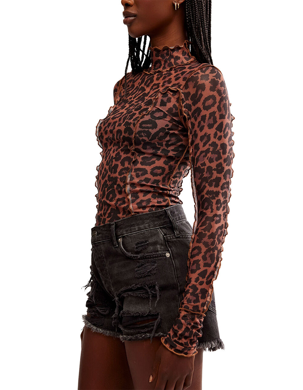 FREE PEOPLE Charlie Leopard Print Womens Mesh Top - LEOPARD
