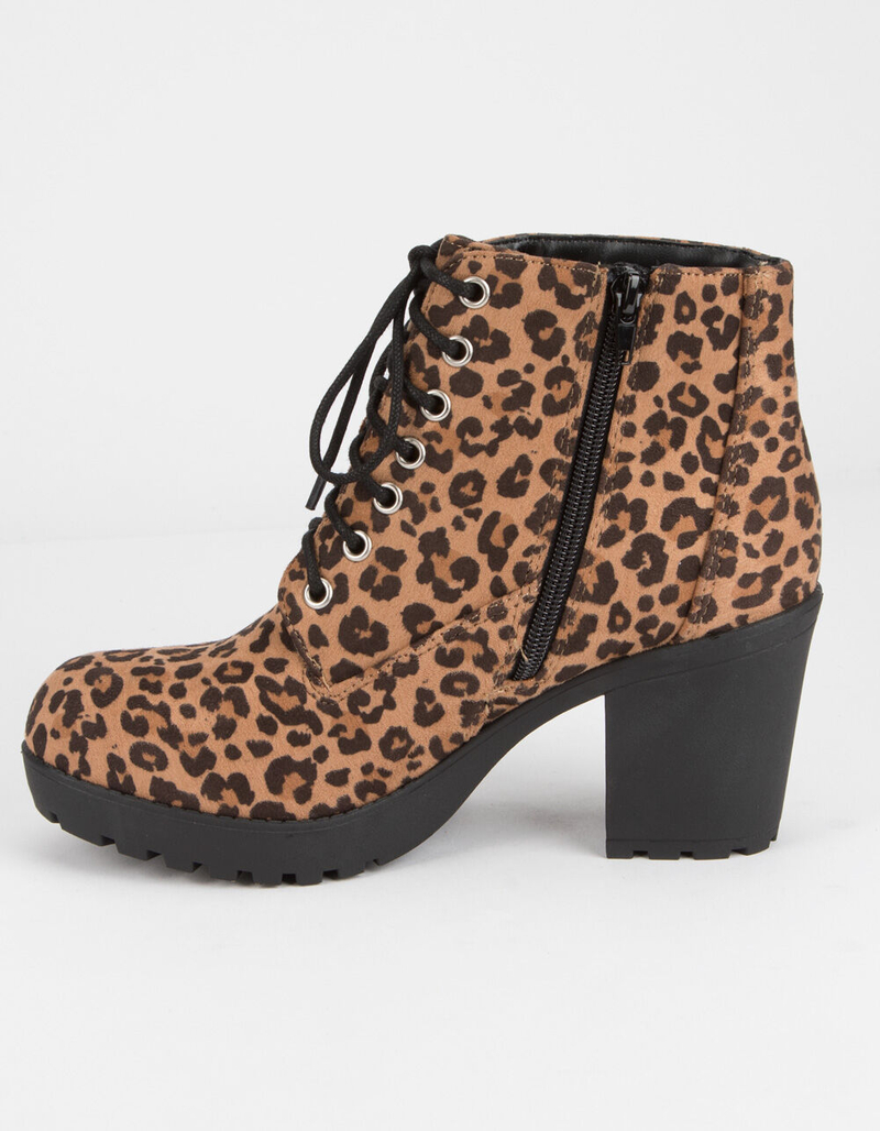 SODA Lug Sole Lace Up Leopard Womens Booties image number 2