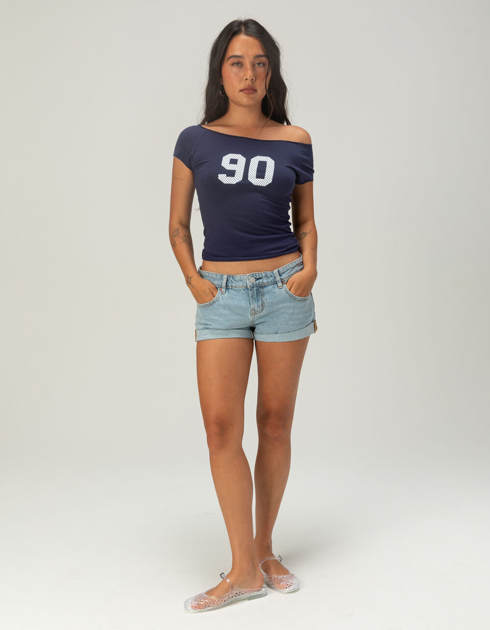 RSQ Womens 90 Polka Dot Off The Shoulder Top - NAVY - XS | Tillys