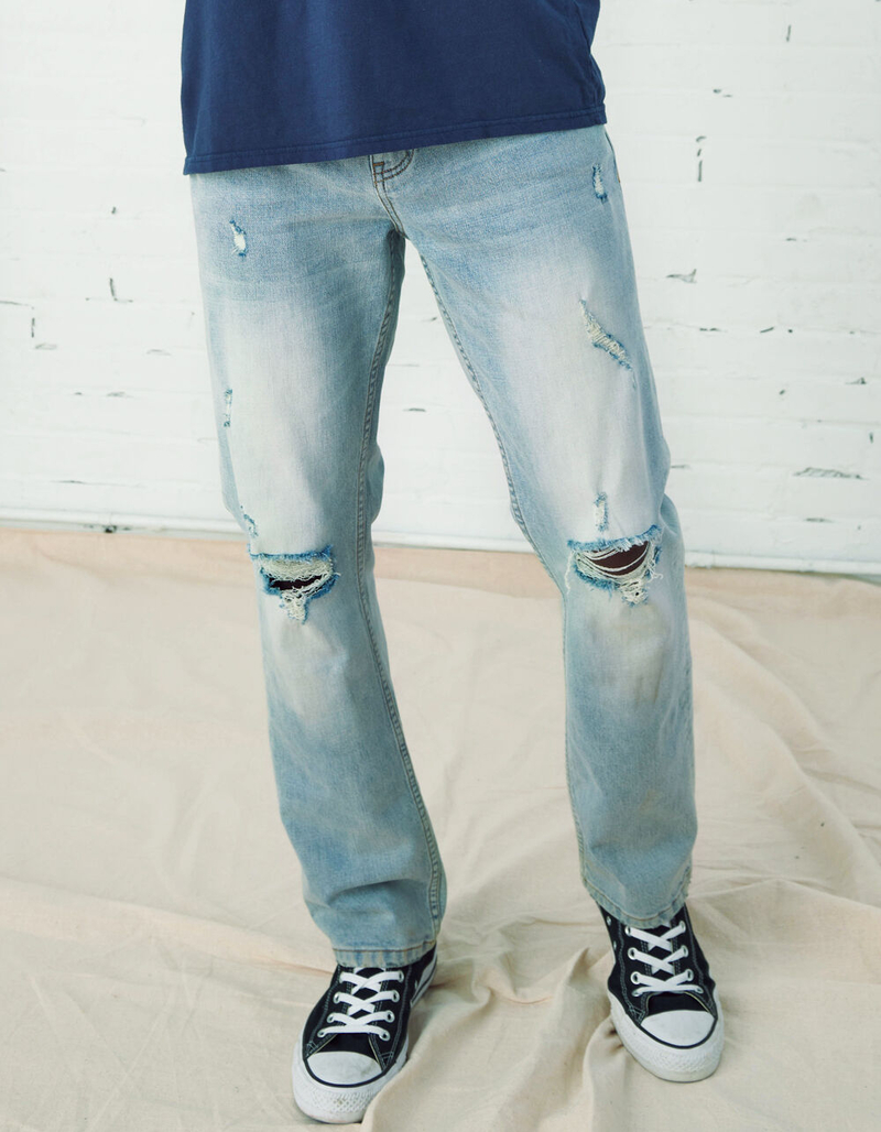 RSQ Mens Slim Straight Faded Destroyed Jeans image number 1