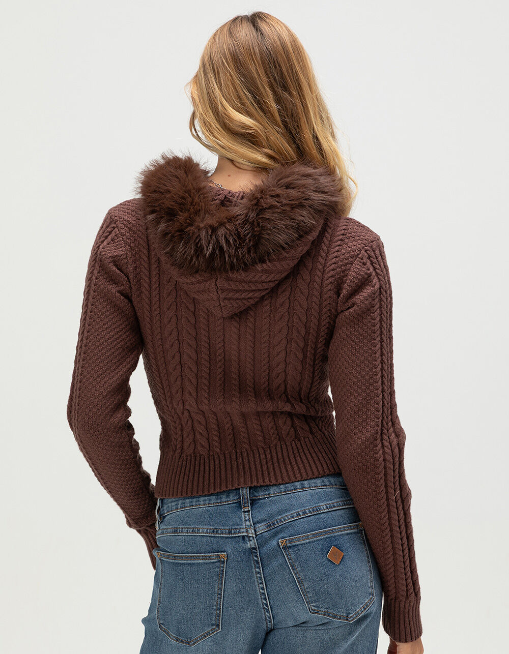 WEST OF MELROSE Fur Trim Womens Zip-Up Hooded Sweater - BROWN | Tillys