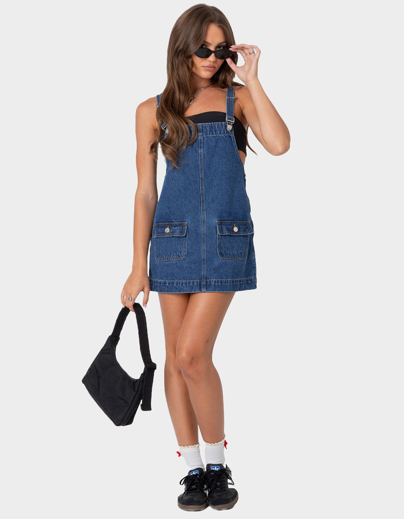EDIKTED Overall Denim Mini Dress - LIGHT BLUE