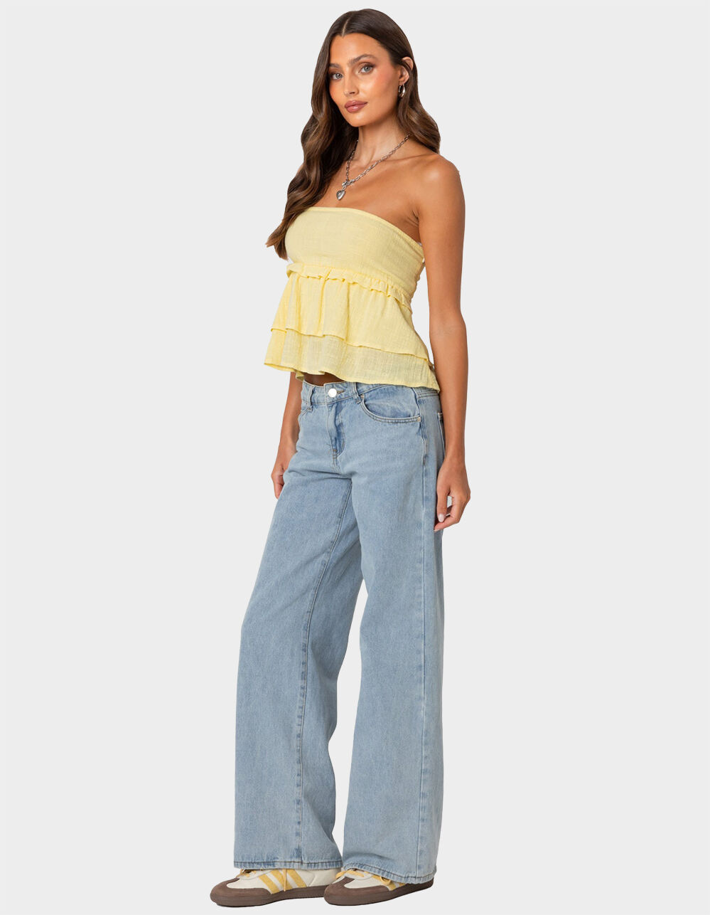 EDIKTED Linen Look Strapless Peplum Top - YELLOW | Tillys