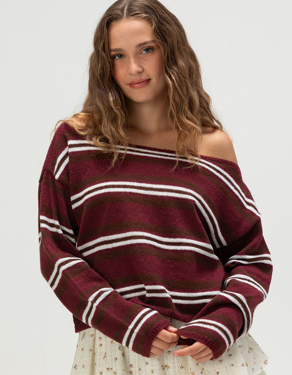 RSQ Womens Off The Shoulder Stripe Sweater - BURGUNDY | Tillys