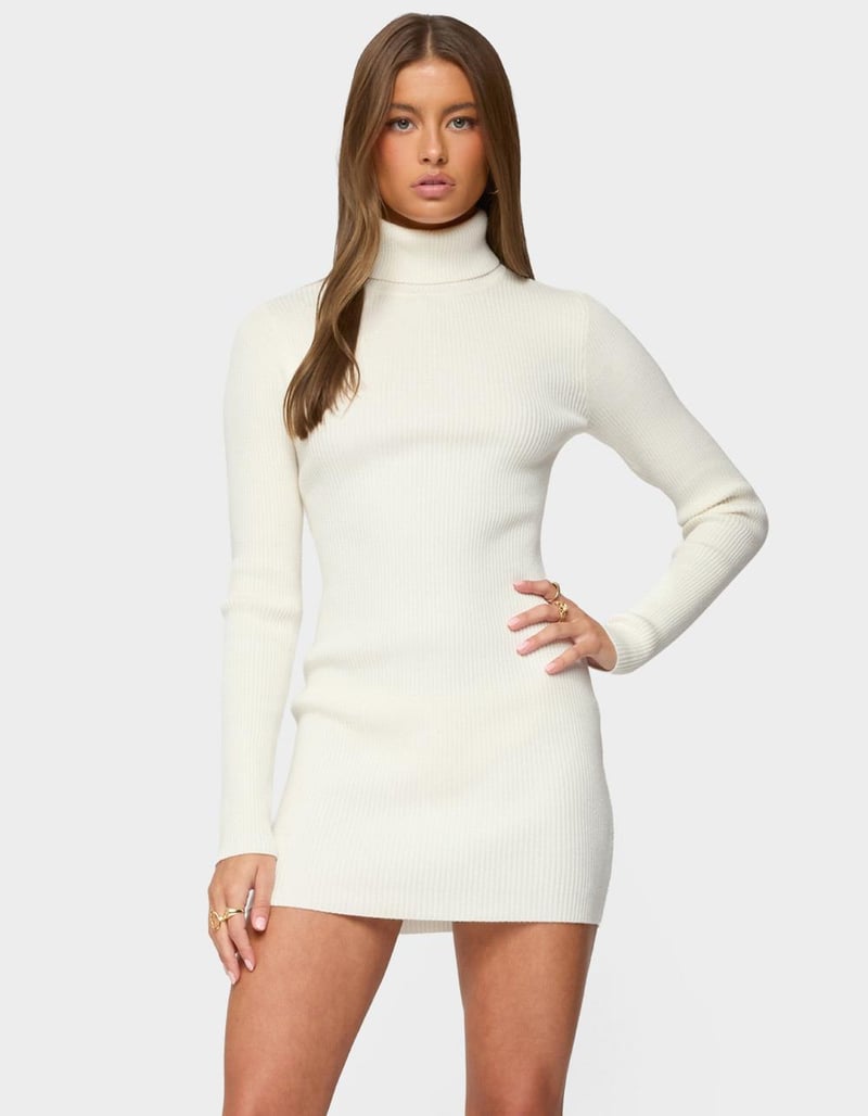 EDIKTED Turtle Neck Ribbed Knit Mini Dress image number 0