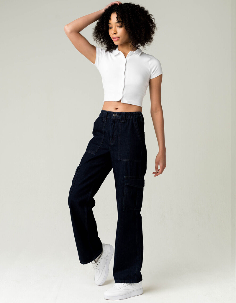 FULL TILT Button Front Womens White Crop Polo Shirt image number 3