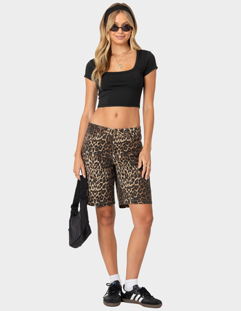 EDIKTED Leopard Low Rise Denim Bermuda Shorts Alternative Image