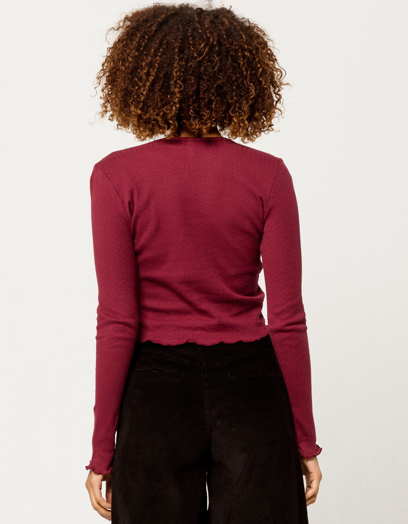 SKY AND SPARROW Solid Pointelle Burgundy Womens Knit Top image number 2