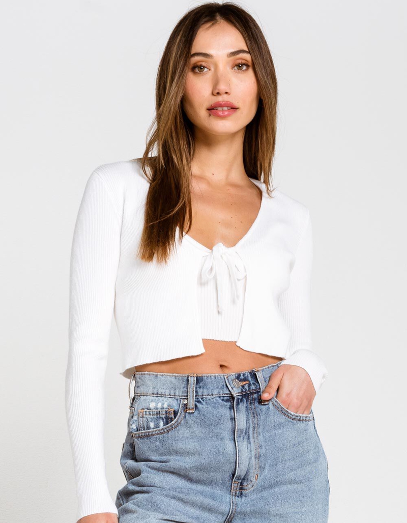 FULL TILT Ribbed Tie Front Womens White Cardigan image number 0