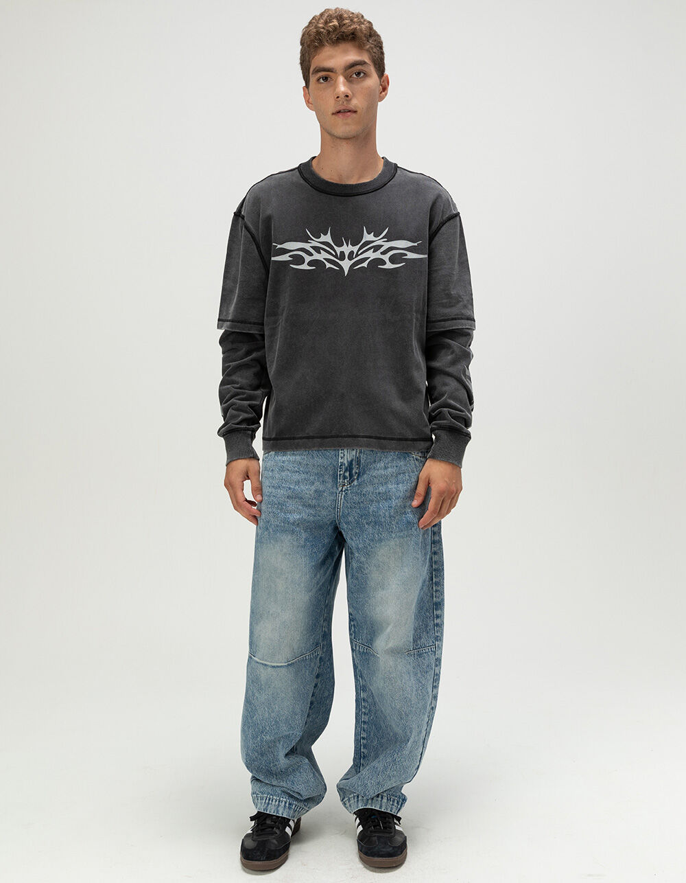 t*送様 Main story long tee brick 2Y RSQ Mens Long Sleeve Boxy 2fer Tee - BLACK | Tillys